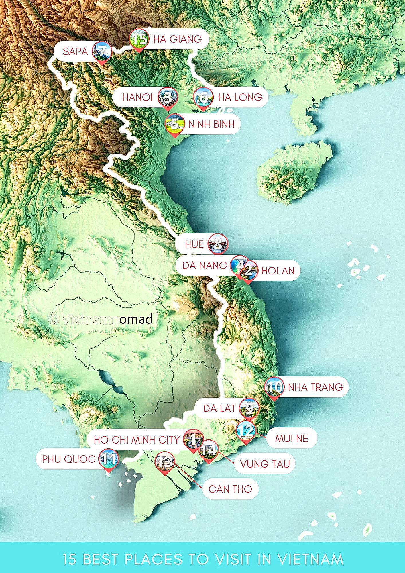 15 Best Places to Visit in Vietnam - 3D Relief Travel Map