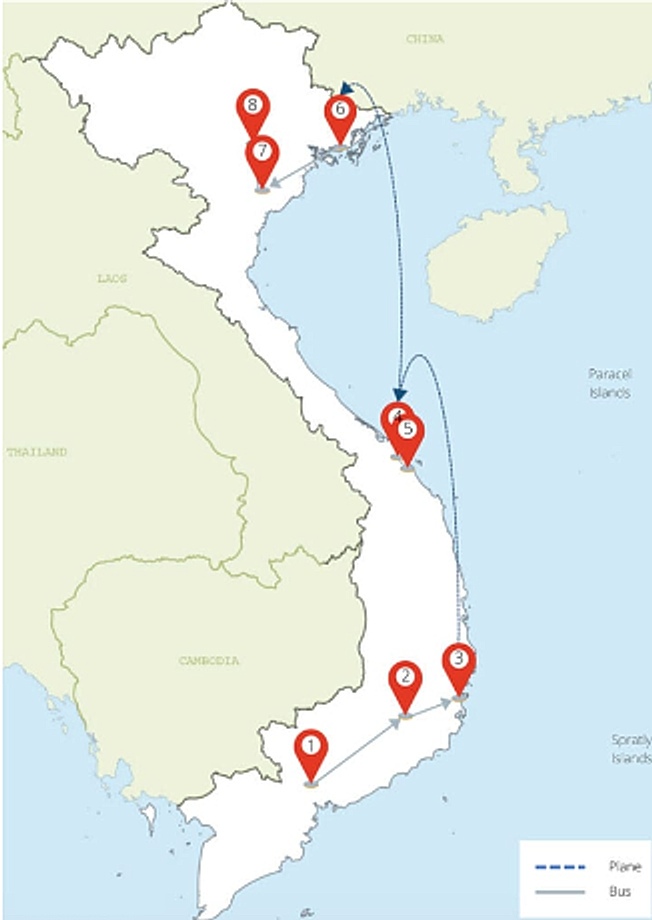 Nhấp để xem phóng to độ nét cao 2-week Vietnam itinerary map with 8 destinations