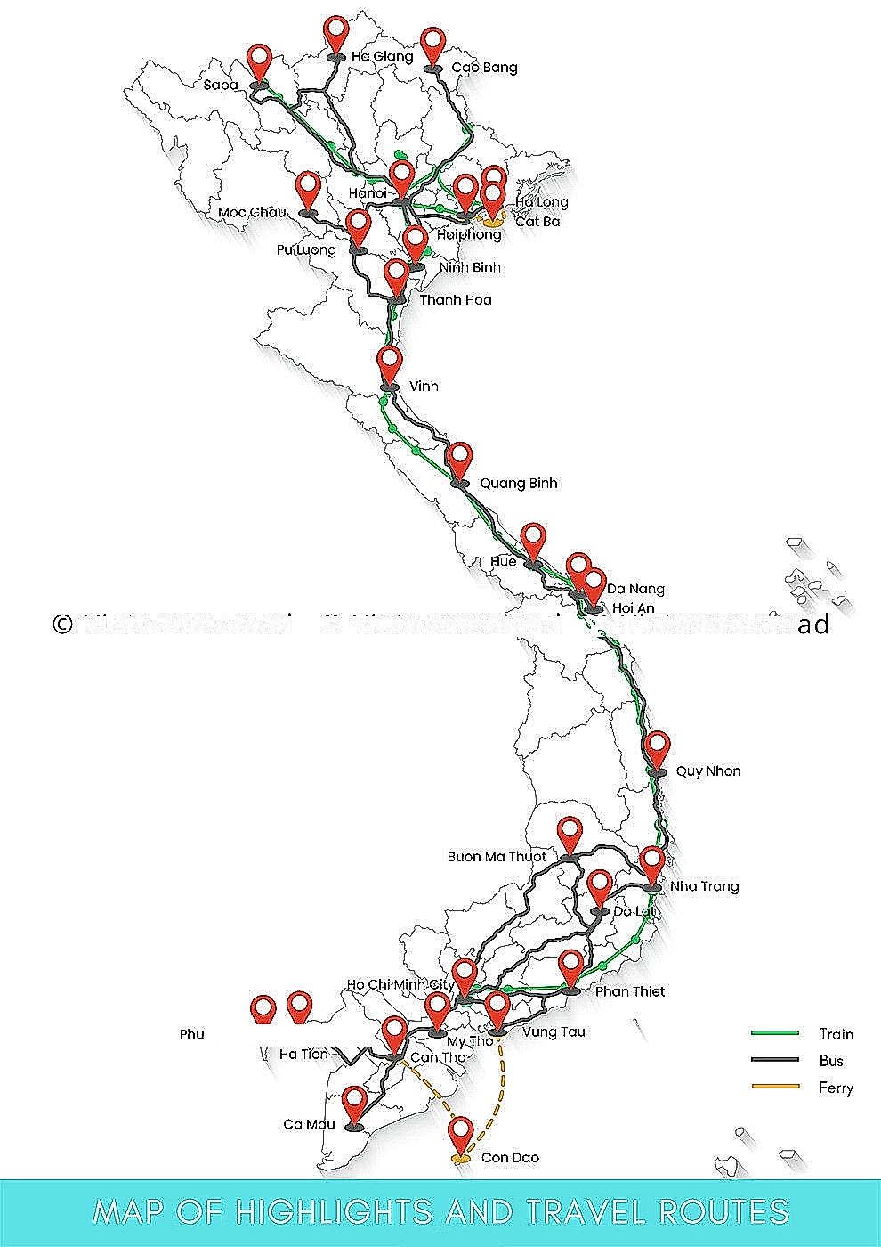 Nhấp để xem phóng to độ nét cao 1-month Vietnam itinerary map with 17 destinations